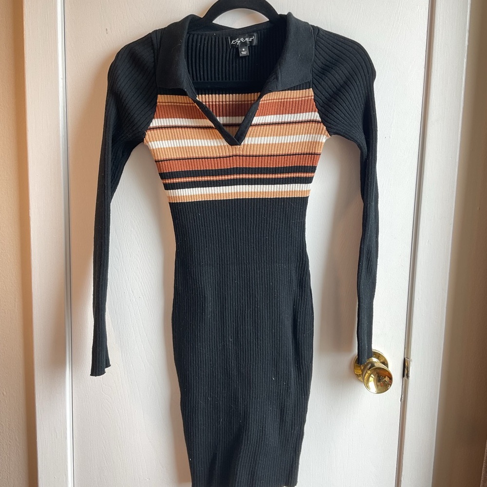L'ATISTE Black and Orange Ribbed Bodycon Dress